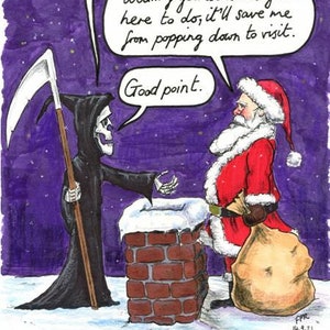 Tarjeta navideña de Frank Rooney - La Parca y Papá Noel - Navidad alternativa - humor negro