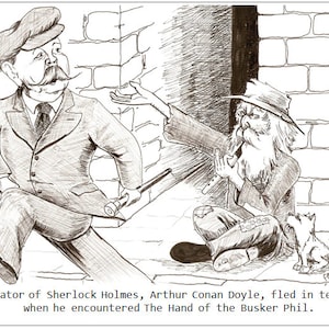 Biglietto d'auguri - Conan Doyle e la mano del musicista di strada Phil, vignetta di Frank Rooney