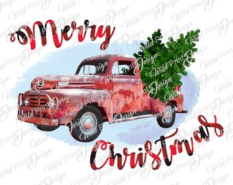 Camión rojo de acuarela, Feliz Navidad, Clipart, PNG, Descarga instantánea para transferencia por sublimación, Arte de transferencia digital, Diseño de clip art