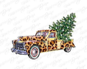 Leopardo navideño, coche vintage con árbol de Navidad, clipart, PNG, descarga instantánea para transferencia por sublimación, diseño de clip art