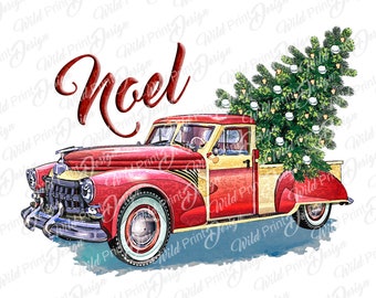 Noel, coche rojo clásico con árbol de Navidad, clipart, PNG, descarga instantánea para transferencia por sublimación, arte de transferencia digital, diseño de clip art
