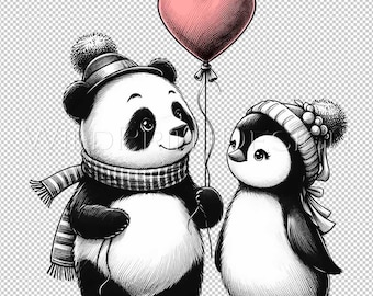 Lindo panda y pingüino, descarga instantánea, clipart PNG, panda y pingüino, regalo de San Valentín de último minuto, arte imprimible de San Valentín