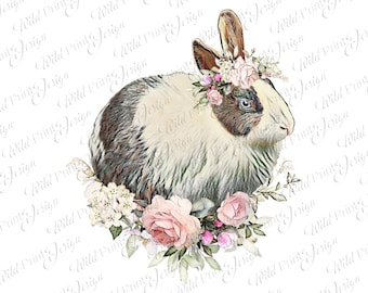 Rabbit with flower PNG, Bunny flower, Hare PNG, Sublimation Design Graphics, Instant Download, Printable transfer, Clipart Design, Dtg print