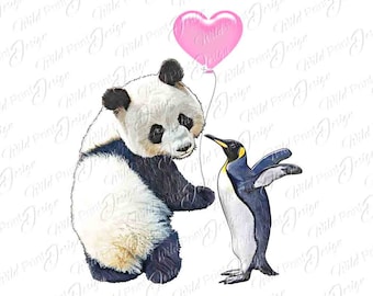 Regalo de San Valentín con panda y pingüino, clipart PNG, sublimación de amor, descarga instantánea, transferencia por sublimación, diseño de clip art, impresión DTG