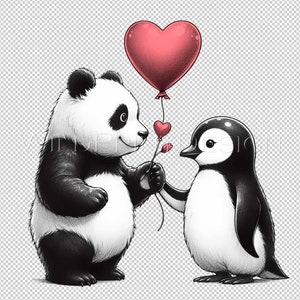 Download istantaneo di simpatici animali panda e pinguino, clipart PNG, panda pinguino innamorato, regalo di San Valentino dell'ultimo minuto, stampabile per San Valentino