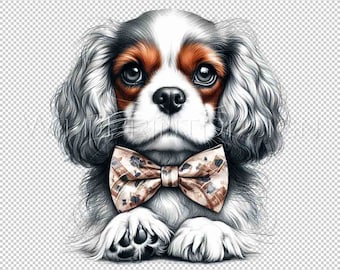 Cavalier King Charles Spaniel cachorro con pajarita (archivo PNG), diseño de clipart, fondo transparente, descarga instantánea, transferencia por sublimación