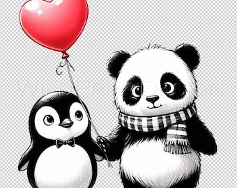 Lindo panda y pingüino, descarga instantánea, clipart PNG, panda y pingüino, regalo de San Valentín de último minuto, arte imprimible de San Valentín