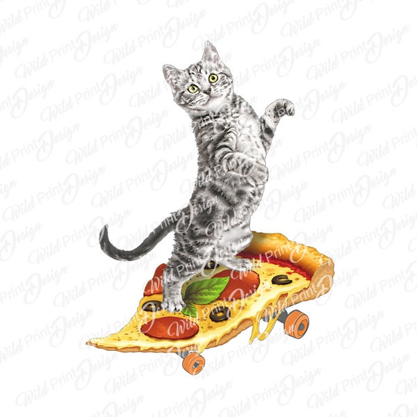 Pizza Skateboard Cat Clipart, PNG, Instant Download for Sublimation Transfer, Digital Transfers Art, Clip Art Design, Dtg print