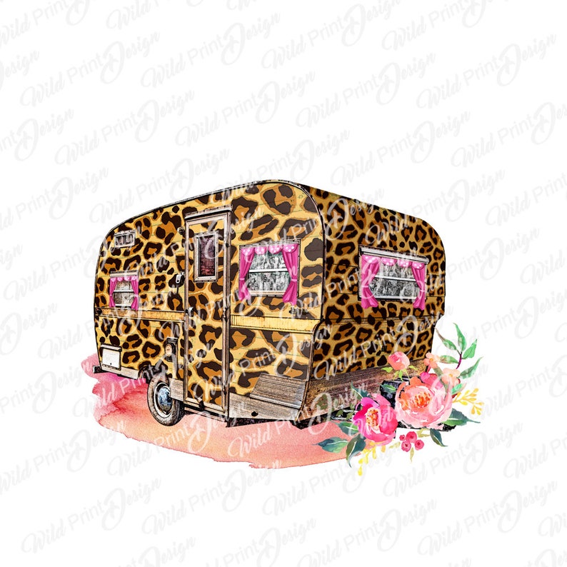Leopard Floral Camper, Trailer clipart, Instant Download for