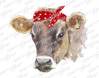 Bruine koe met rode bandana, vaars PNG, instant download, sublimatieoverdracht, Clip Art Design, DTG-print