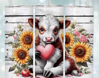 Envoltura para vaso de vaca bebé con girasoles rústicos de San Valentín, delgada, de 20 oz, descarga instantánea, diseños de sublimación PNG, transferencias digitales, arte