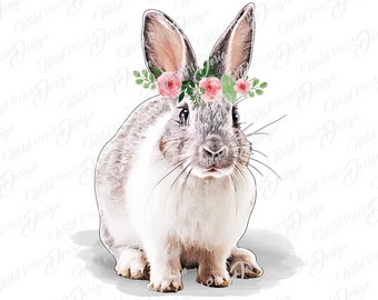Watercolor Rabbit with flower, Hare PNG, Sublimation Design Graphics, Instant Download, Printable transfer, Clip Art Design, Dtg print