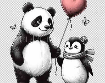 Lindo panda y pingüino, descarga instantánea, clipart PNG, panda y pingüino, regalo de San Valentín de último minuto, arte imprimible de San Valentín