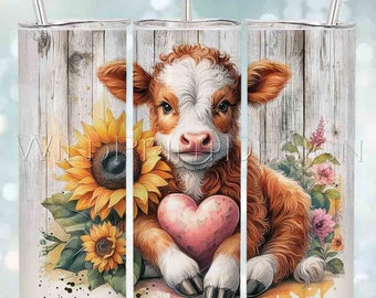 Envoltorio para vaso de San Valentín con diseño rústico de vaca bebé y girasoles, delgado, de 20 oz, descarga instantánea, diseños digitales de sublimación, transferencias PNG, regalo de último minuto.