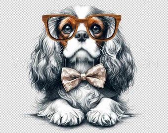 Cavalier King Charles Spaniel, perro con pajarita y gafas, archivo PNG, diseño de clipart, fondo transparente, descarga instantánea, transferencia por sublimación