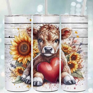 Baby Highland Cow Valentine rustieke zonnebloemen Tumbler Wrap Skinny 20 Oz Instant Download sublimatie ontwerpen PNG digitale transfers kunst