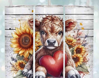 Envoltura para vaso de San Valentín con diseño de vaca de las Tierras Altas y girasoles rústicos, delgada, de 20 oz, descarga instantánea, diseños de sublimación PNG, transferencias digitales artísticas