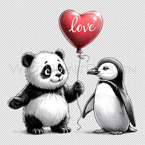 Süße Tier Panda und Pinguin Sofort-Download, PNG Clipart, Liebe Panda Pinguin, Last Minute Valentinstag Geschenk, Valentinstag Kunst zum Ausdrucken