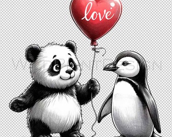 Lindo panda y pingüino, descarga instantánea, clipart PNG, panda y pingüino, regalo de San Valentín de último minuto, arte imprimible de San Valentín