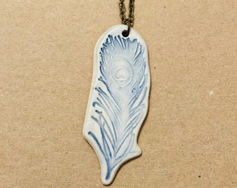 Light Blue 2 - Peacock Feather Ceramic Tile Necklace