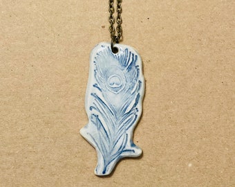 Light Blue 1 - Peacock Feather Ceramic Tile Necklace
