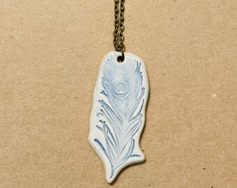 Light Blue 3 - Peacock Feather Ceramic Tile Necklace