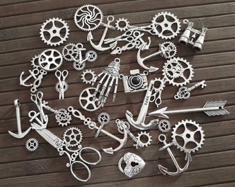 50 pendentif breloque steampunk charm grand lot mixé ancre argent engrenage main squelette cadenas clef horloge montre punk gothique coeur