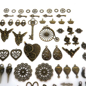 grand lot steampunk rockabilly breloques pendentifs engrenages aiguilles coeur clé fée oiseau mongolfière fleur rose image 3