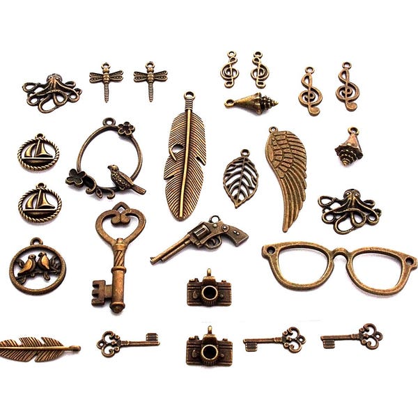 lot 25 pendentif breloque bronze clé lunette plume feuille oiseau clé de sol musique pieuvre coquillage appareil