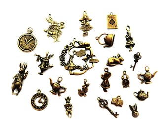 great lot alice in wonderland (20 pieces) charm key clock cat book rabbit tea