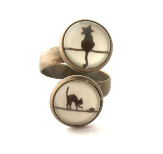 Bague Chat Noir Sur Le Fil Petite Souris Animal Ombre Dessin Etsy