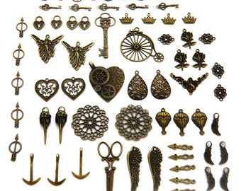 grand lot steampunk rockabilly breloques pendentifs engrenages aiguilles coeur clé fée oiseau mongolfière fleur rose