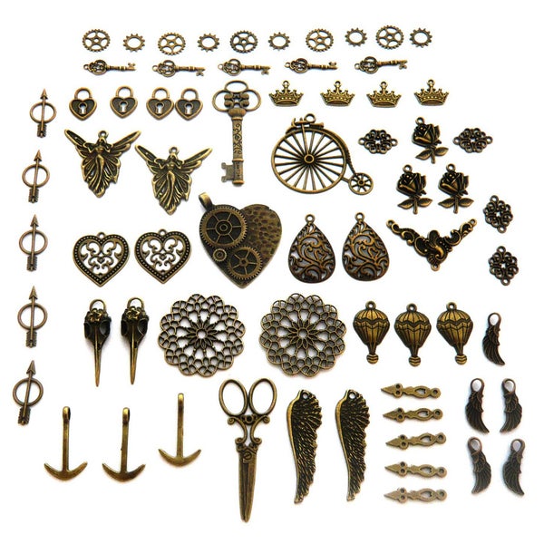 grand lot steampunk rockabilly breloques pendentifs engrenages aiguilles coeur clé fée oiseau mongolfière fleur rose