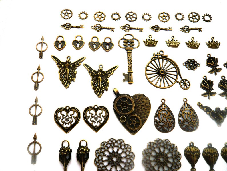 grand lot steampunk rockabilly breloques pendentifs engrenages aiguilles coeur clé fée oiseau mongolfière fleur rose image 2