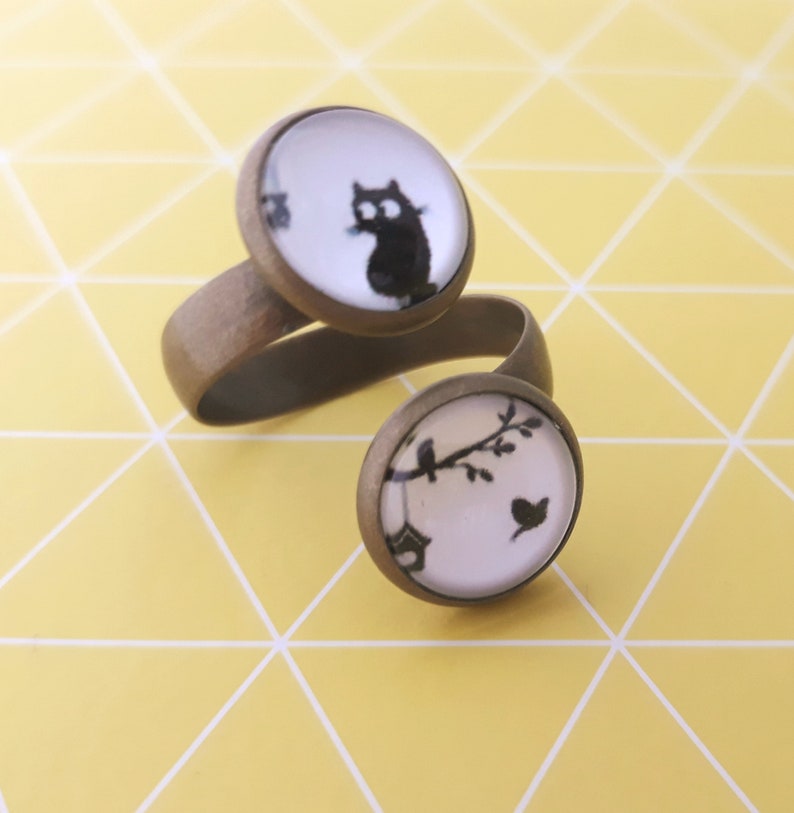 bague vintage le chat poisson oiseau jardin rigolo noir et blanc alice garfield laiton double rond cabochon 12mm zdjęcie 2