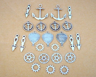 lot breloque steampunk argent ancre mongolfière aiguille engrenage