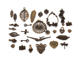 lot 28 pendant charm bronze key bike feather leaf tiger key floor heart flower shell padlock