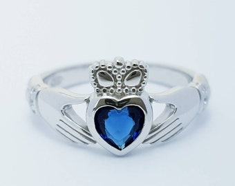 Sterling Silver Claddagh Ring, Claddagh september birthstone Ring, dark blue sapphire ring