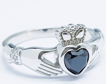 Bague Claddagh irlandaise sertie d'une pierre noire, bagues Claddagh en argent