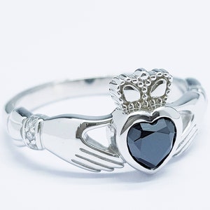 Irish Claddagh ring set with black stone, silver claddagh rings