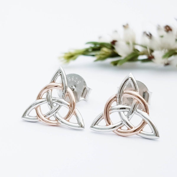 Keltische Ohrstecker aus Silber mit Rosévergoldung, Triquetra-Ohrringe