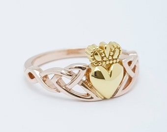 Sterling Silver Claddagh ring, rose and yellow gold celtic Knot Claddagh Ring, Irish celtic love ring