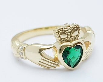 Sterling Silver Yellow Gold plated Claddagh ring set with emerald green heart shaped stone, may birthstone claddagh ring from Ireland