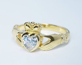 Yellow Gold plated Claddagh ring set with sparkling synthetic diamond stone