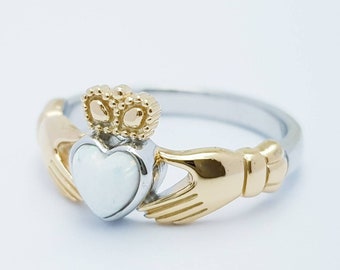 Sterling Silver yellow gold plated Claddagh ring set with opal stone, October birthstone