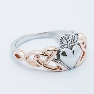 Sterling Silver Rose Gold Celtic Knot Claddagh Ring