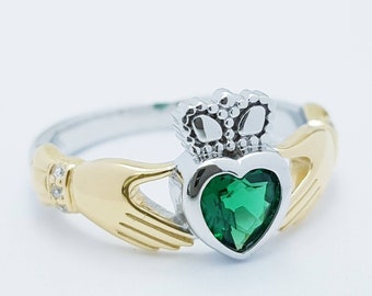 Sterling Silver Gold plated Claddagh ring set with emerald green stone, irish claddagh rings