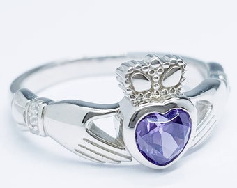 Sterling Silver Claddagh ring set with purple heart shaped stone,  february birthstone claddagh