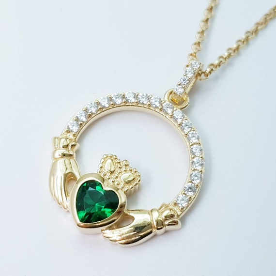 Silver Claddagh Pendant with Emerald CZ. Traditional Irish Jewellery