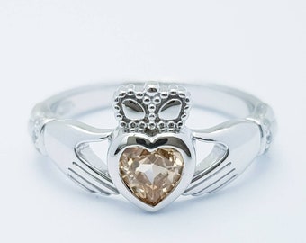 Sterling Silver Claddagh ring set with champagne citrine stone, November birthstone